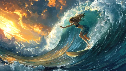 Dynamic digital painting of surfer riding luminous storm wave.