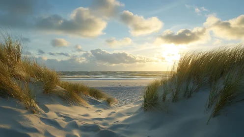 Sunlit coastal dunes frame tranquil evening shoreline.