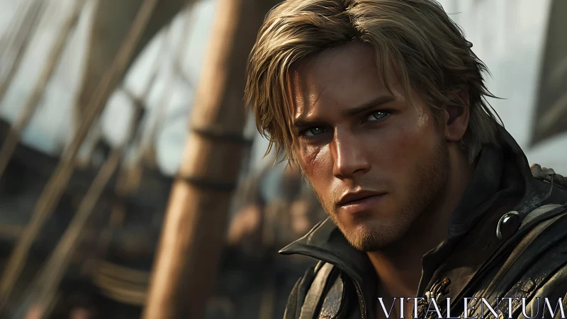 Sunlit sailor lost in thought on wind-tossed deck.