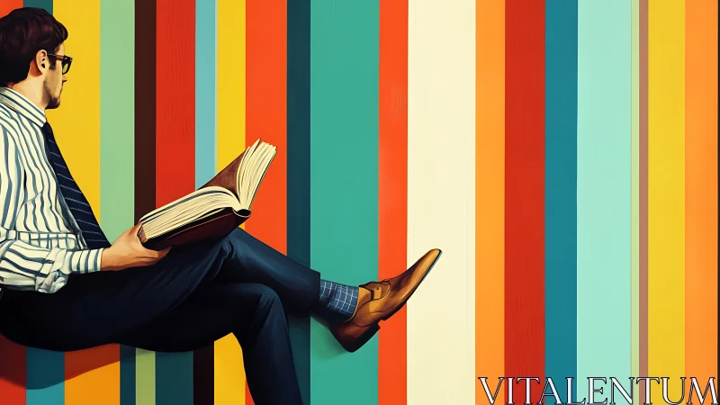 Man reading a book against multicolored vertical stripes wall.