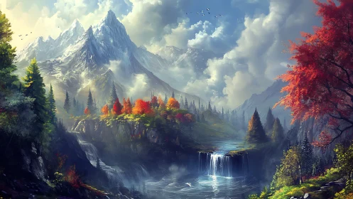 Gentle waterfalls beneath bright autumn peaks invite wandering.