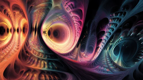 Fractal corridor with luminous vortex structures in motion.