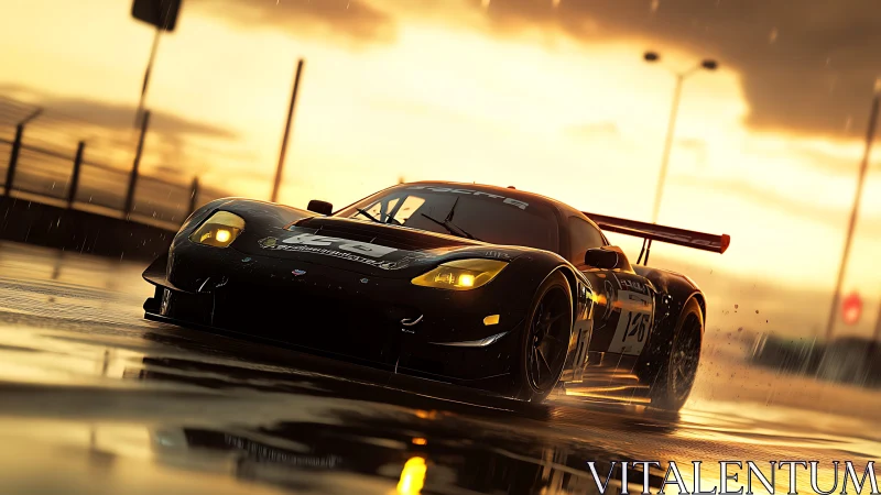 Midnight racer skims rainlit asphalt under molten sunset.