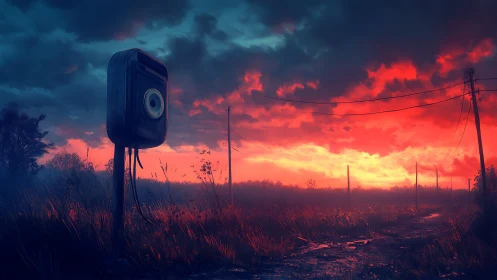 Digital painting of deserted roadside device at neon dusk.