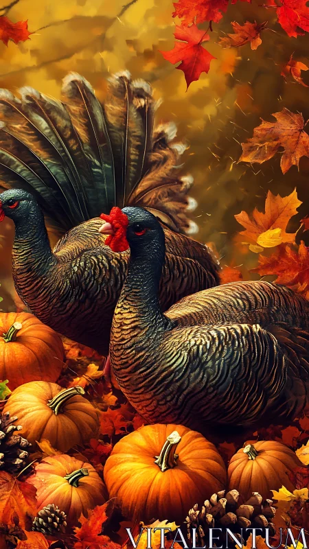Twin autumn turkeys parade proudly through a pumpkin sea
