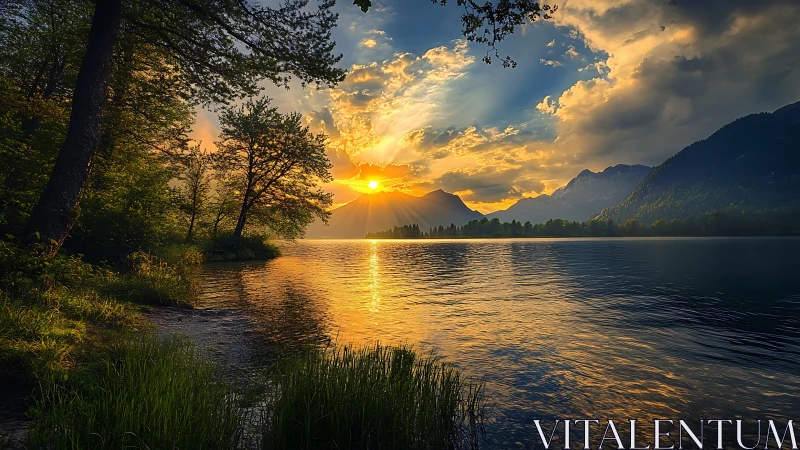 High dynamic range alpine lake sunset with silhouetted trees