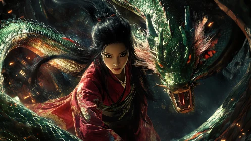 Dynamic fantasy portrait with dragon guardian in motion.