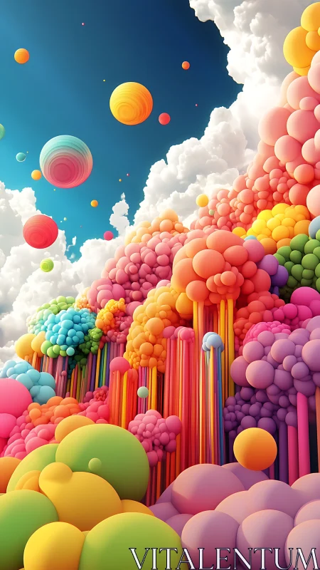 Multicolored bubble formations rising under partly cloudy sky.