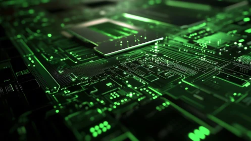 Green illuminated circuit board with central chip focus.