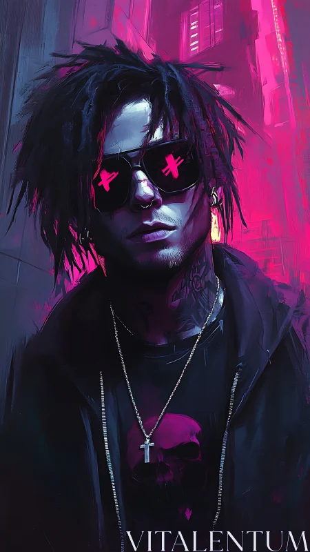 Neon-lit cyberpunk portrait with glitch-crossed sunglasses.