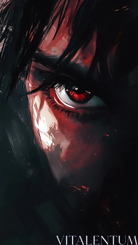 Intense red eye in shadowed digital character portrait.