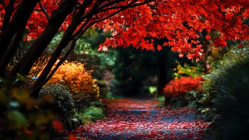 Autumn maple canopy glows above narrow garden pathway