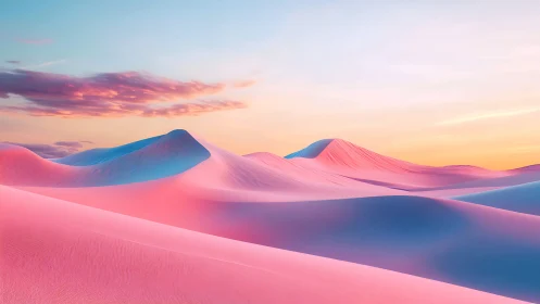 Pastel sunrise over stylized desert dunes in soft gradients