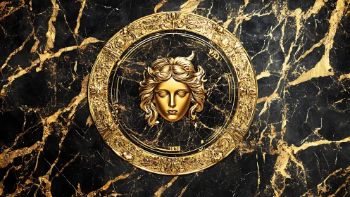 Golden mythic face rests within ornate marble circle