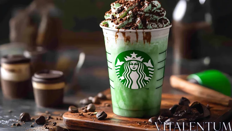Starbucks mint frappuccino with whipped cream and chocolate.