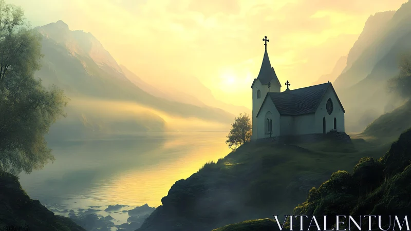 Digital painting of lakeside chapel in misty alpine valley.