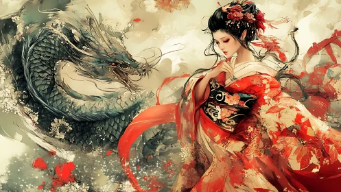 Elegant geisha in red kimono confronts swirling jade dragon