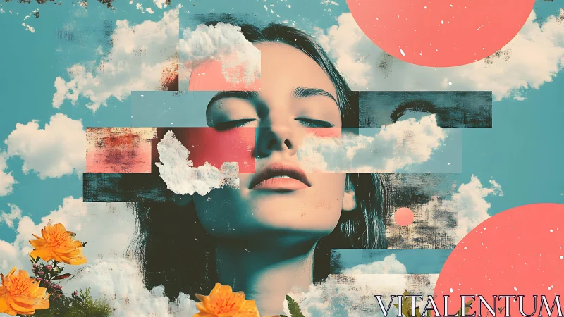 Surreal portrait with clouds, flowers and geometric forms.
