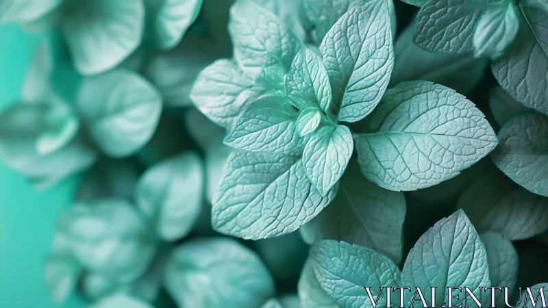 Macro botanical study of mint leaves in cool teal palette.