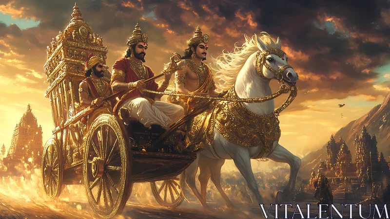 Golden mythic war chariot with armored warriors and white stallion