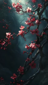 Cherry blossoms twist through a dark, misty forest gorge