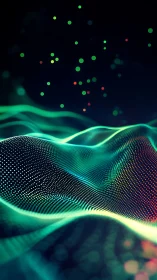 Glowing particle waves ripple through a dark digital horizon.