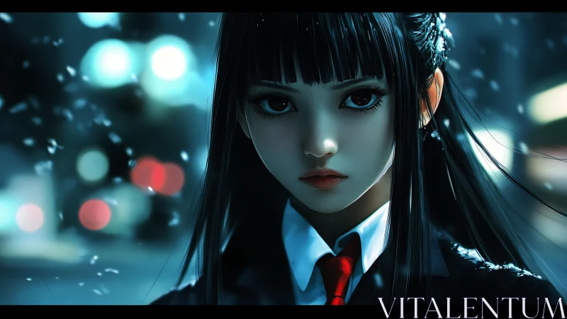 Midnight city snowfall frames a calm, determined schoolgirl