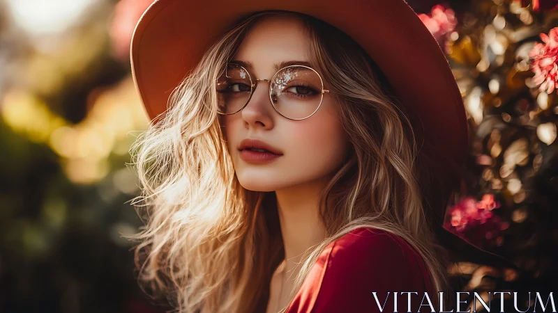 Portrait depicts woman in hat and glasses in shallow focus