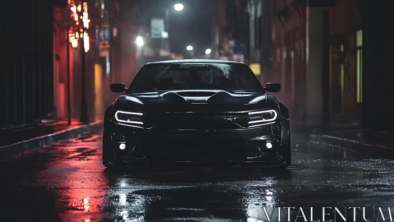 Midnight muscle car stalks neon soaked rain slick streets.