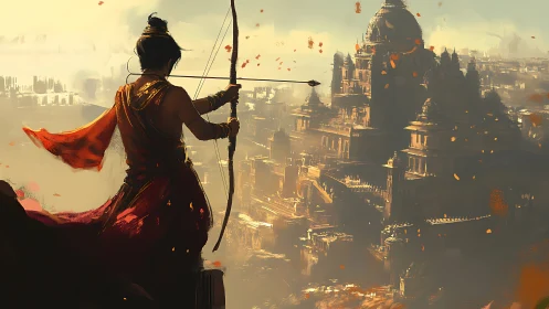 Archer overlooking vast ancient city in warm evening light.