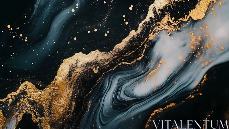 Abstract black and gold marble fluid art with swirling accents.