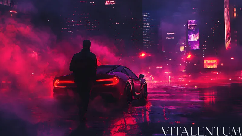 Man stands beside sports car in neon-lit night city street