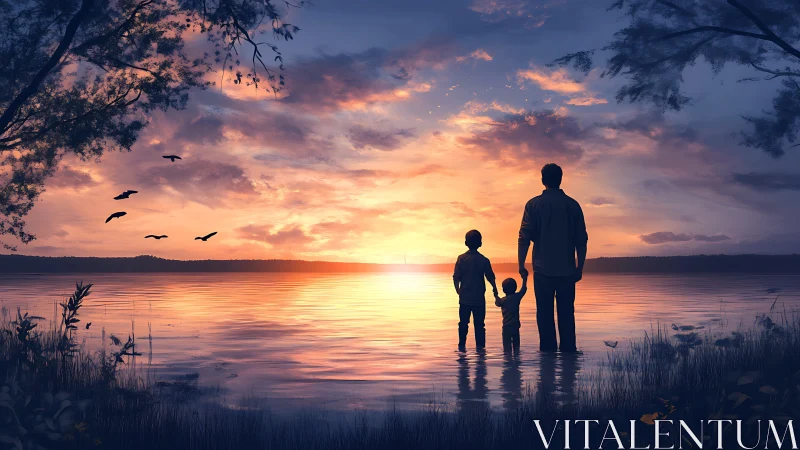 Silhouetted family stands in lake water watching sunset sky