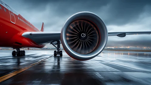 Jet airliner engine dominates wet runway scene at dusk