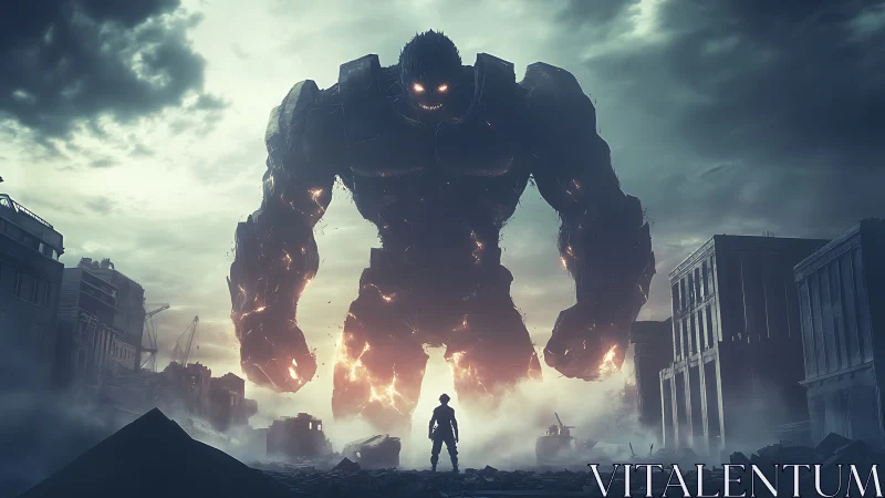 Colossal humanoid construct facing lone figure in ruins.