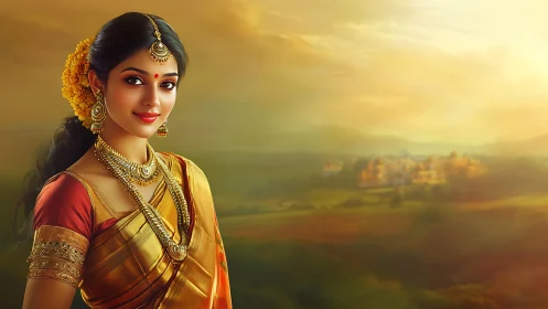 Digital portrait depicts woman in sari before rural landscape