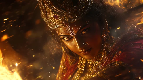 Incandescent goddess visage framed by particulate fire dynamics.