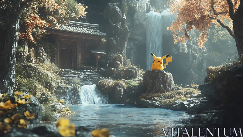 Pikachu figure beside forest waterfall and wooden shrine.