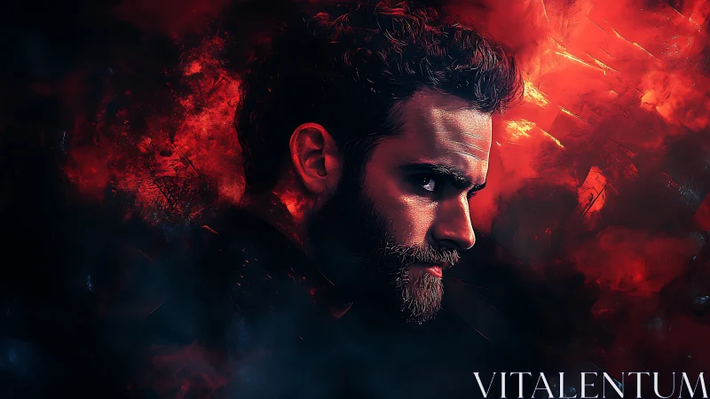 Brooding ember-lit warrior carved from smoke and shadow.