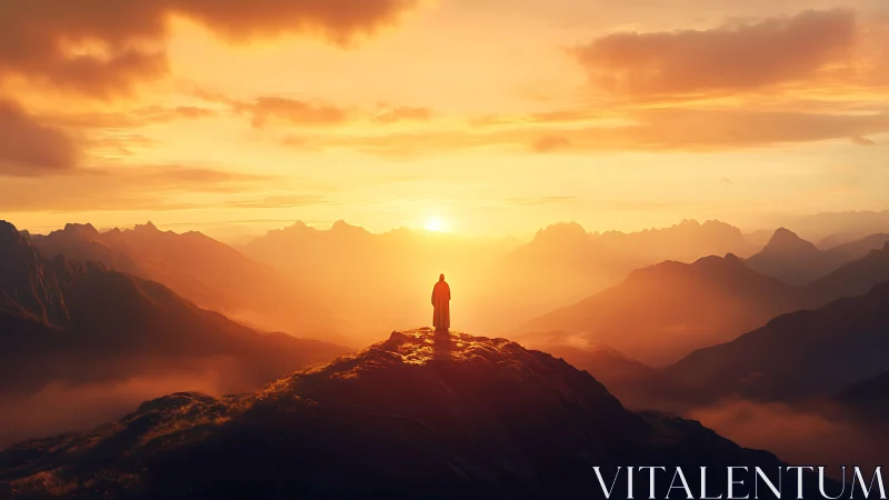 Solitary hiker greeting a glowing mountain sunrise in peace.
