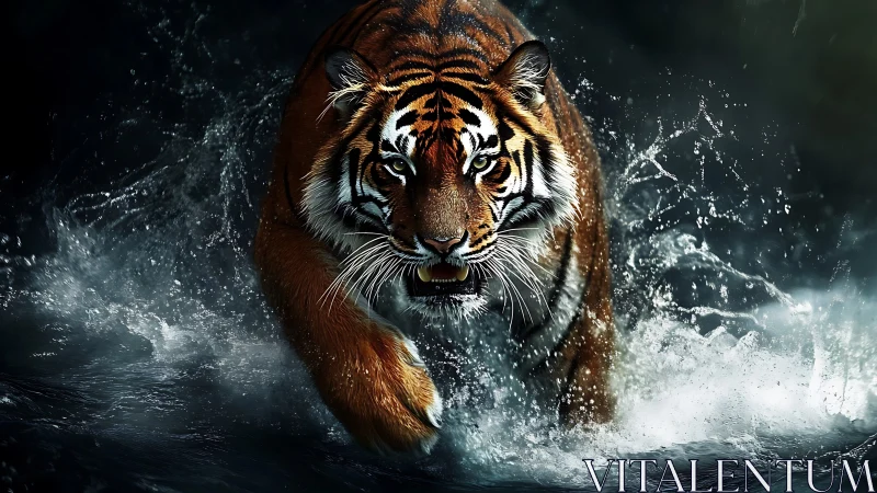 Storm-stride tiger shatters dark water in feral splendor.