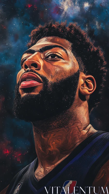 Stirring basketball portrait gazes upward into cosmic sky.
