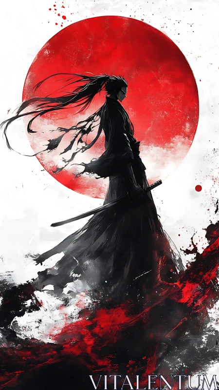 Samurai silhouette before crimson sun in dynamic ink storm.