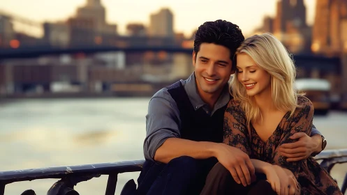 Golden Hour Romance: Urban Skyline Embrace.