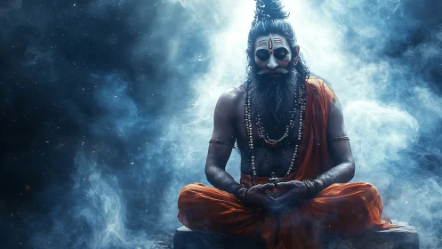 Mystic robed figure meditates in smoky, high-contrast light