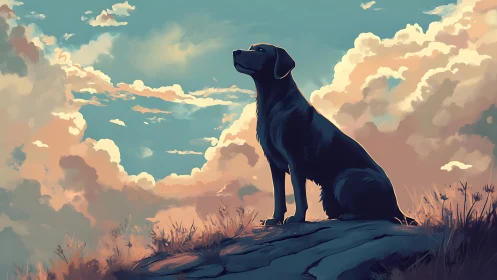 Silhouetted dog on sunset ridge rendered in soft digital light