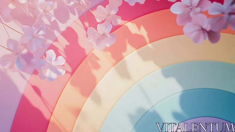 Soft pink flowers cast shadows over curved pastel rainbow