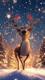 Smiling cartoon reindeer in snowy Christmas forest scene.