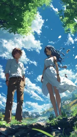 Breezed hillside encounter under expansive cumulus sky panorama.