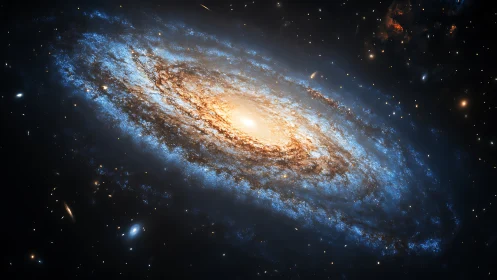 Spiral galaxy with bright core and glowing blue arms in space.